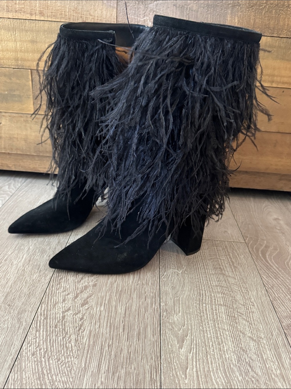 NWT Jeffrey Campbell Black After Hours Feather-Trim Suede Mid-Calf Heeled Boots